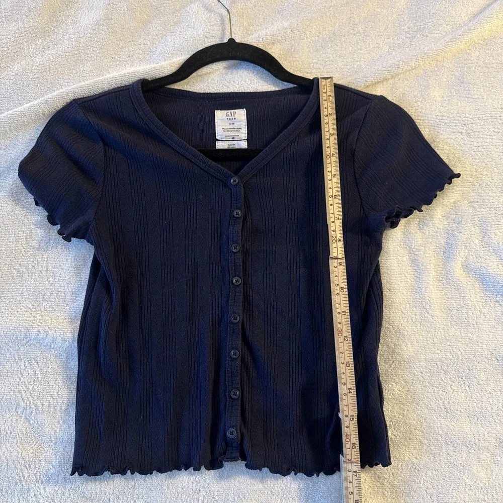 Gap Teen Girls 14-16 Navy Ribbed Button Front Top Lettuce Edge